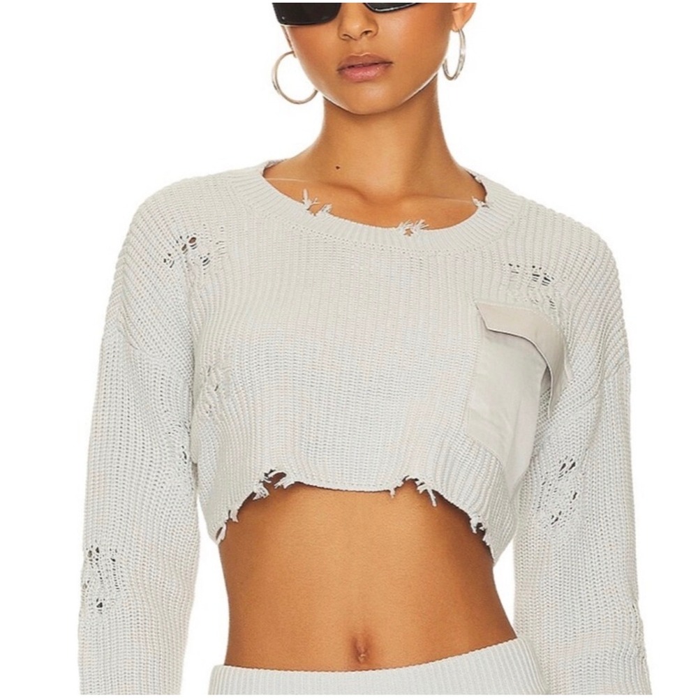 SER.O.YA Distressed Cropped Cotton Knit Sweater Ivory Satin Pocket XS